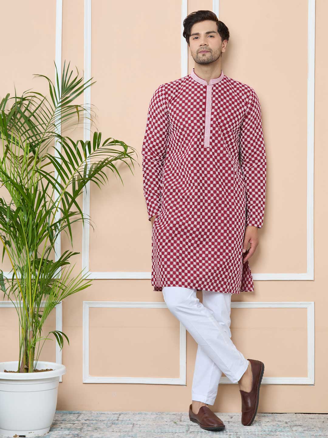 Maroon Ethnic Motifs Embroidered Mandarin Collar Straight Kurta with Pyjama