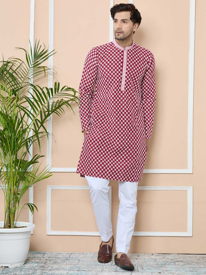 Maroon Ethnic Motifs Embroidered Mandarin Collar Straight Kurta