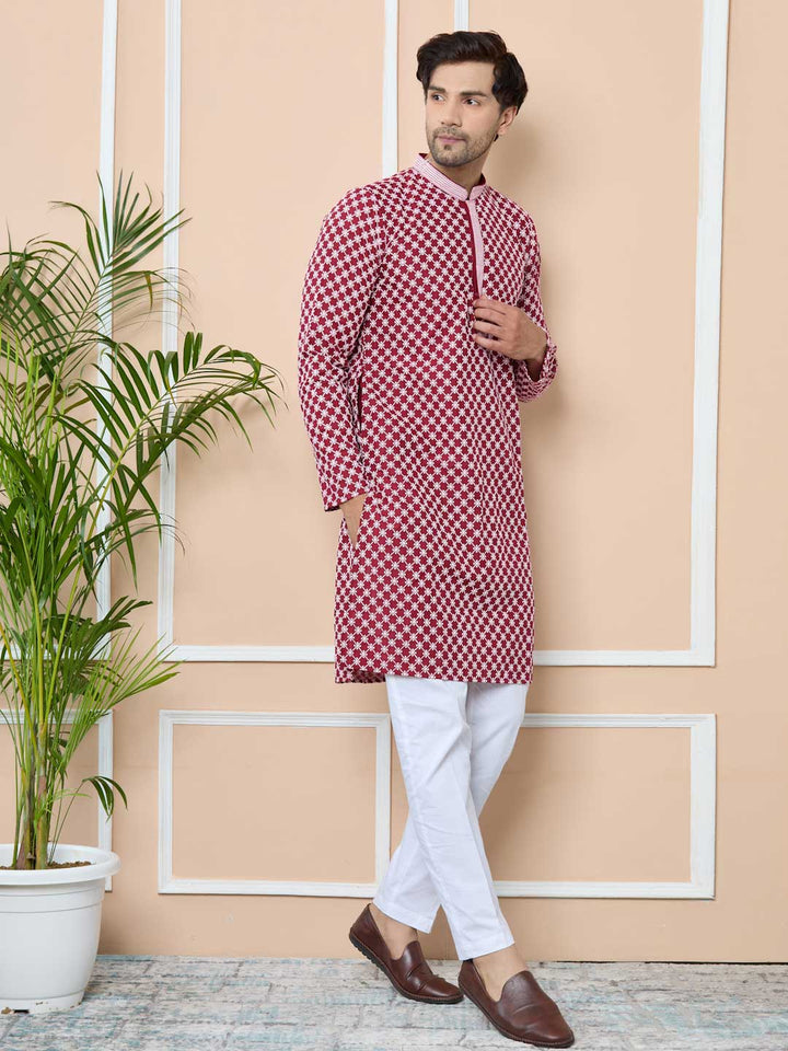 Maroon Ethnic Motifs Embroidered Mandarin Collar Straight Kurta