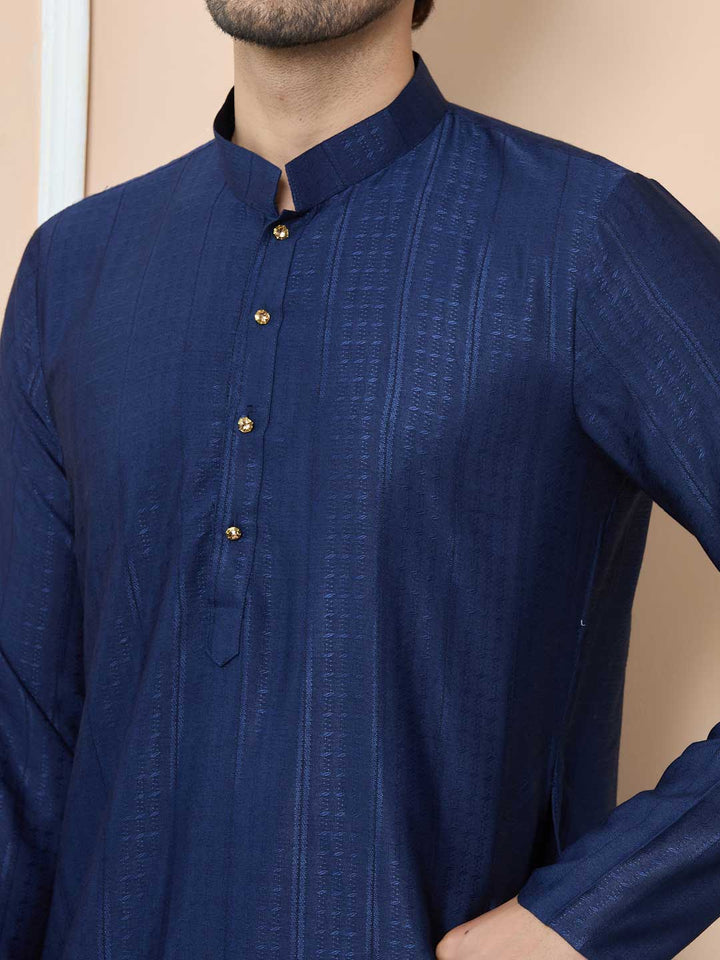 Navy Jacquard Mandarin Collar Straight Kurta