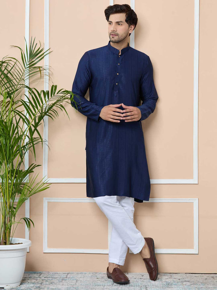 Navy Jacquard Mandarin Collar Straight Kurta