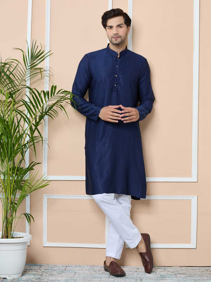 Navy Jacquard Mandarin Collar Straight Kurta