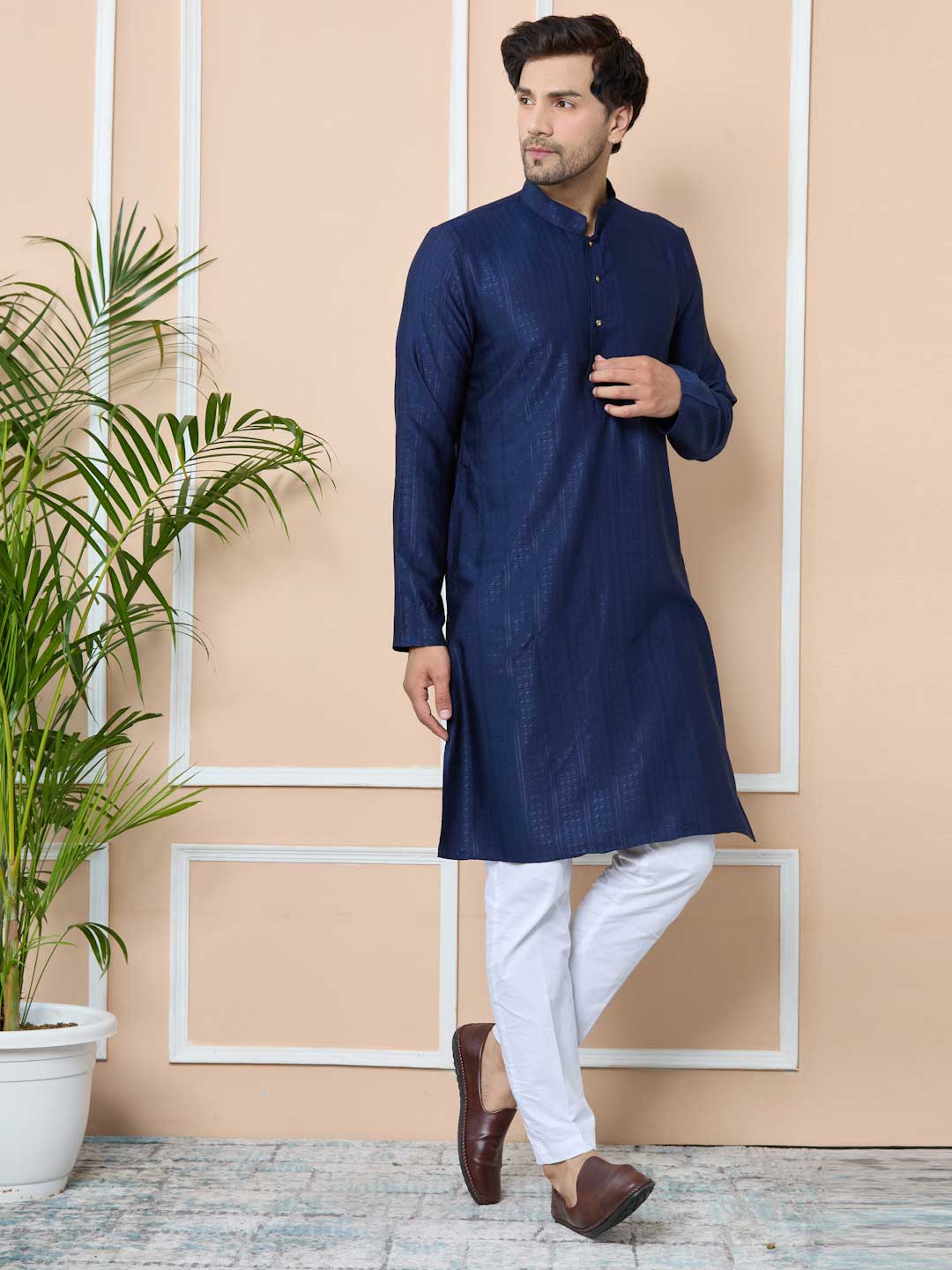 Navy Jacquard Mandarin Collar Straight Kurta