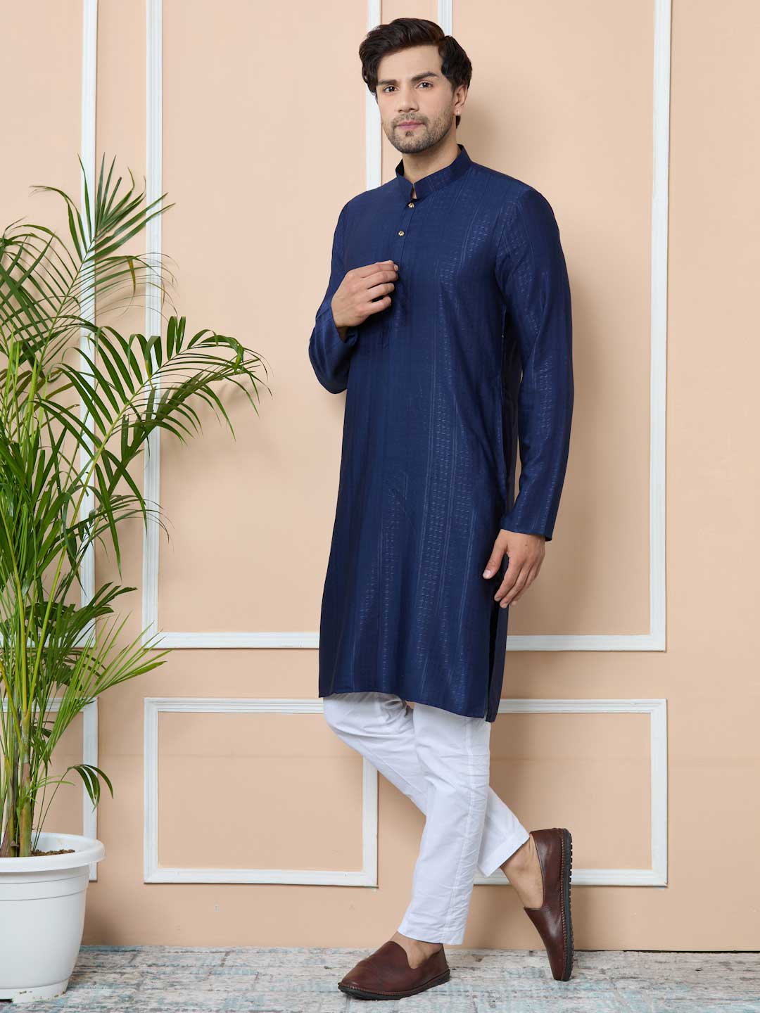 Navy Jacquard Mandarin Collar Straight Kurta