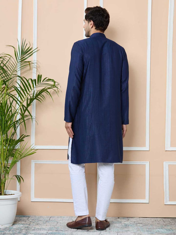 Navy Jacquard Mandarin Collar Straight Kurta