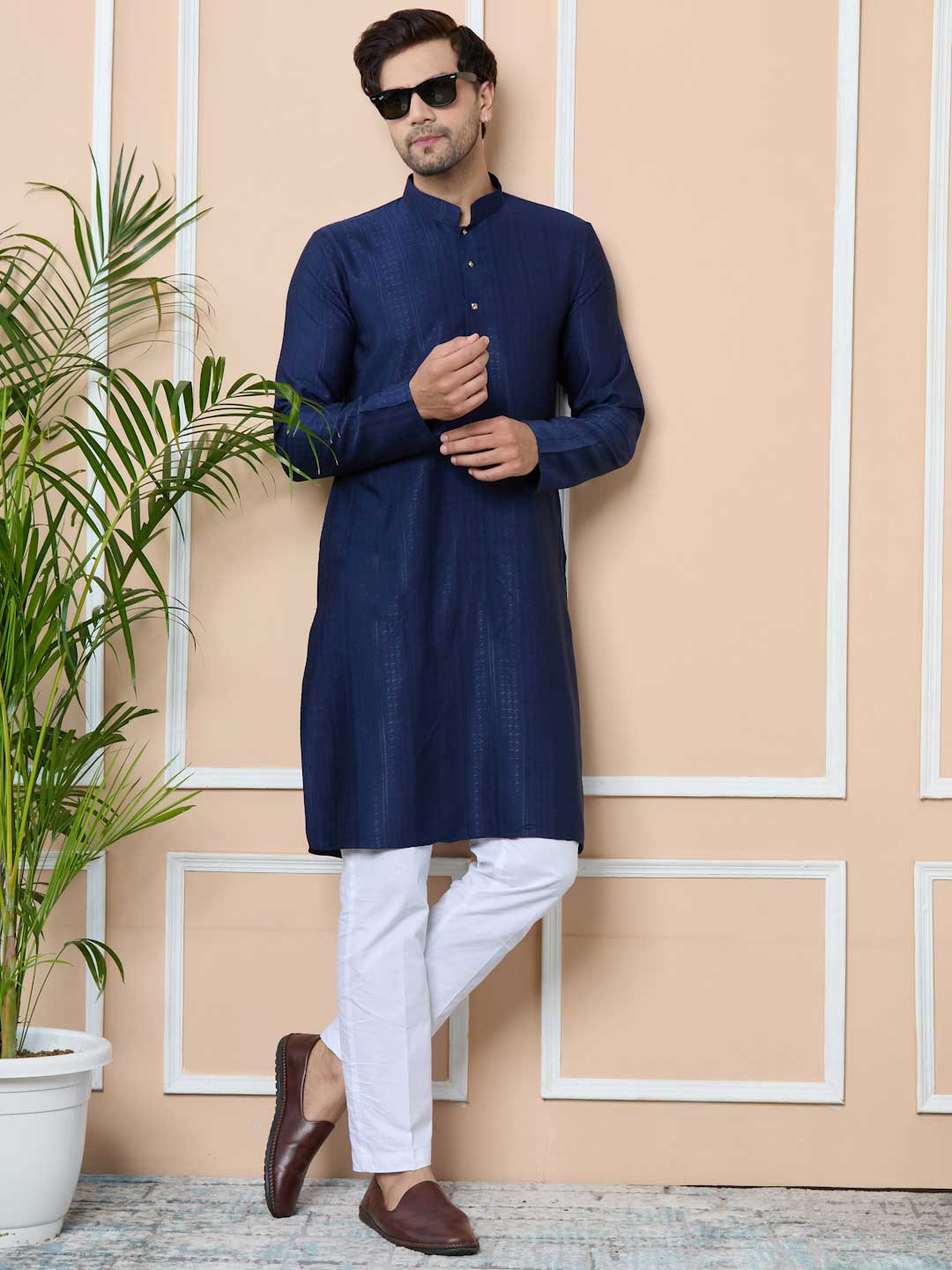 Navy Jacquard Mandarin Collar Straight Kurta