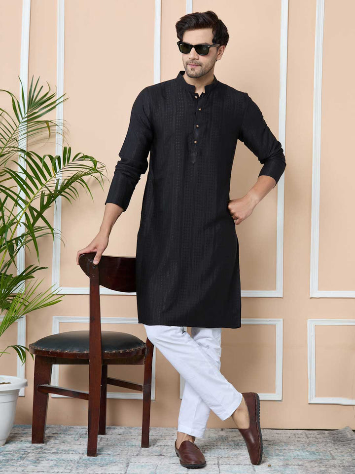 Black Jacquard Mandarin Collar Straight Kurta with Pyjama