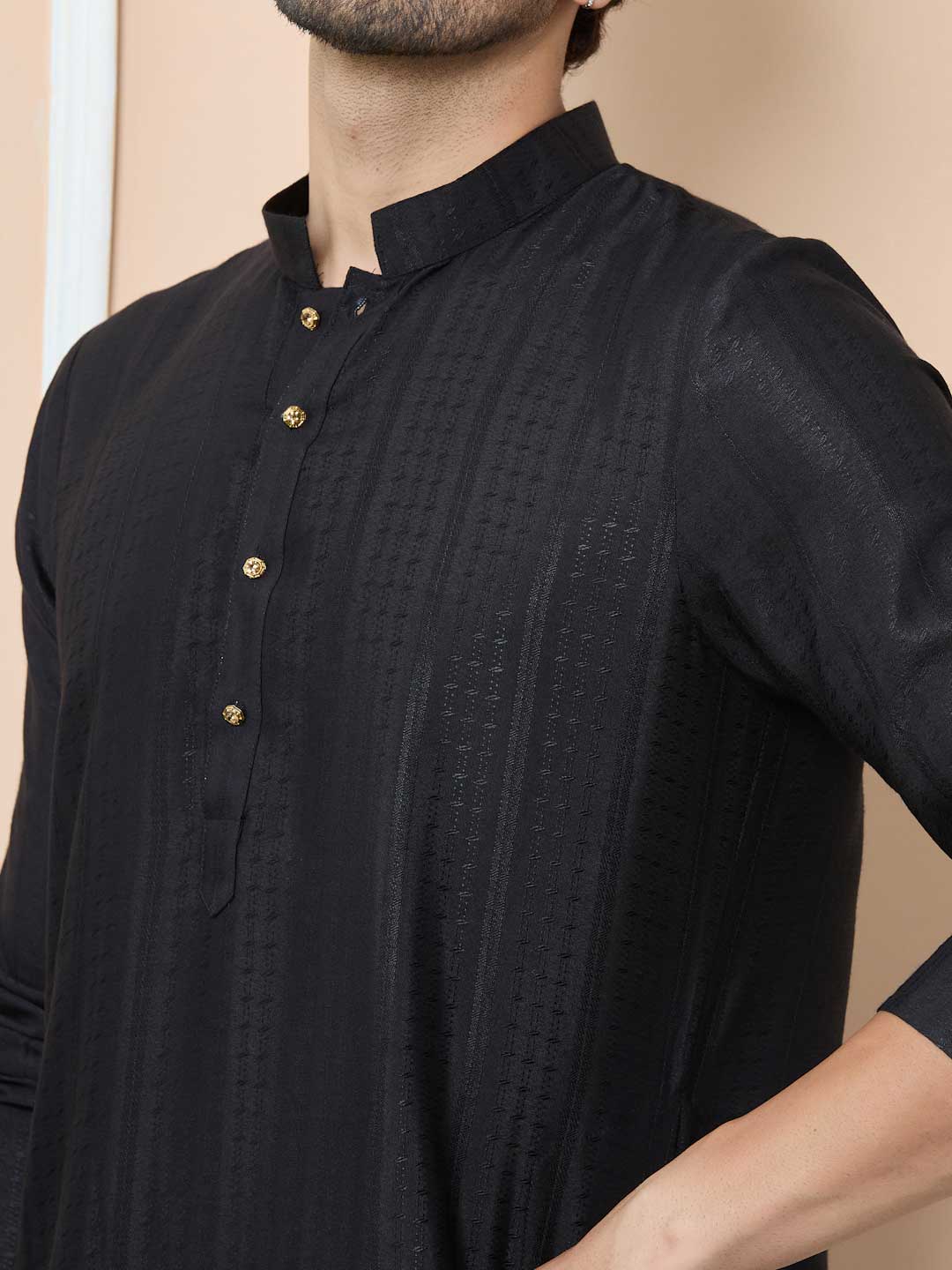 Black Jacquard Mandarin Collar Straight Kurta