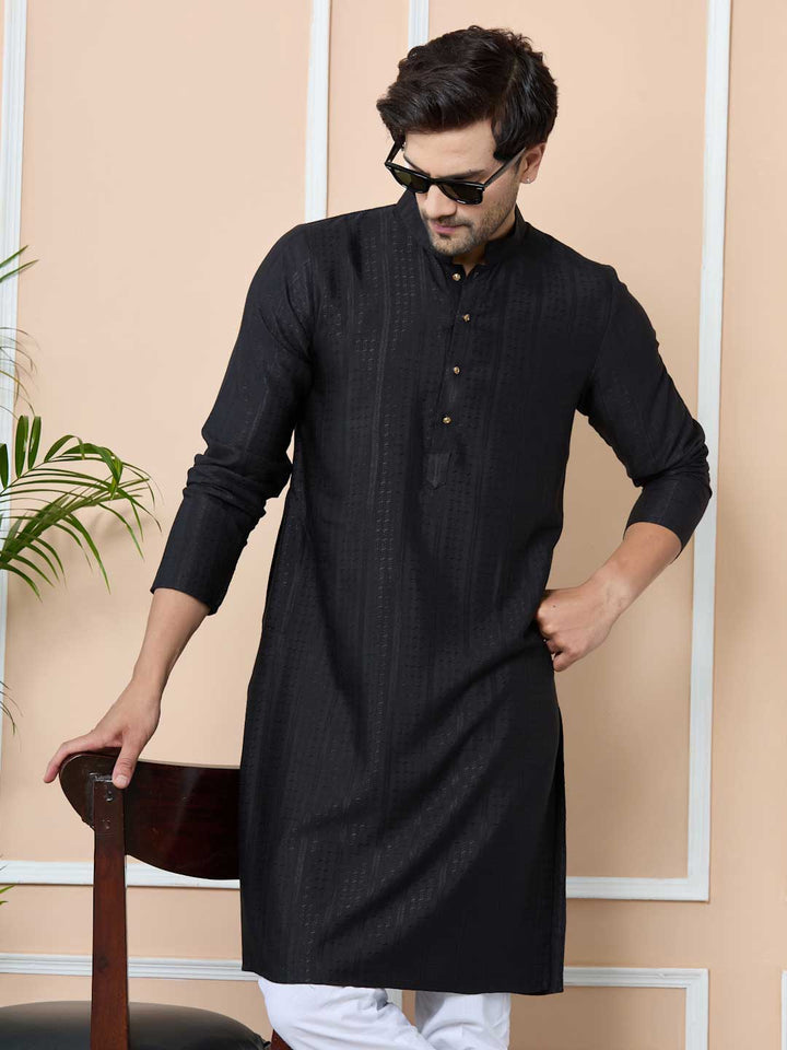 Black Jacquard Mandarin Collar Straight Kurta