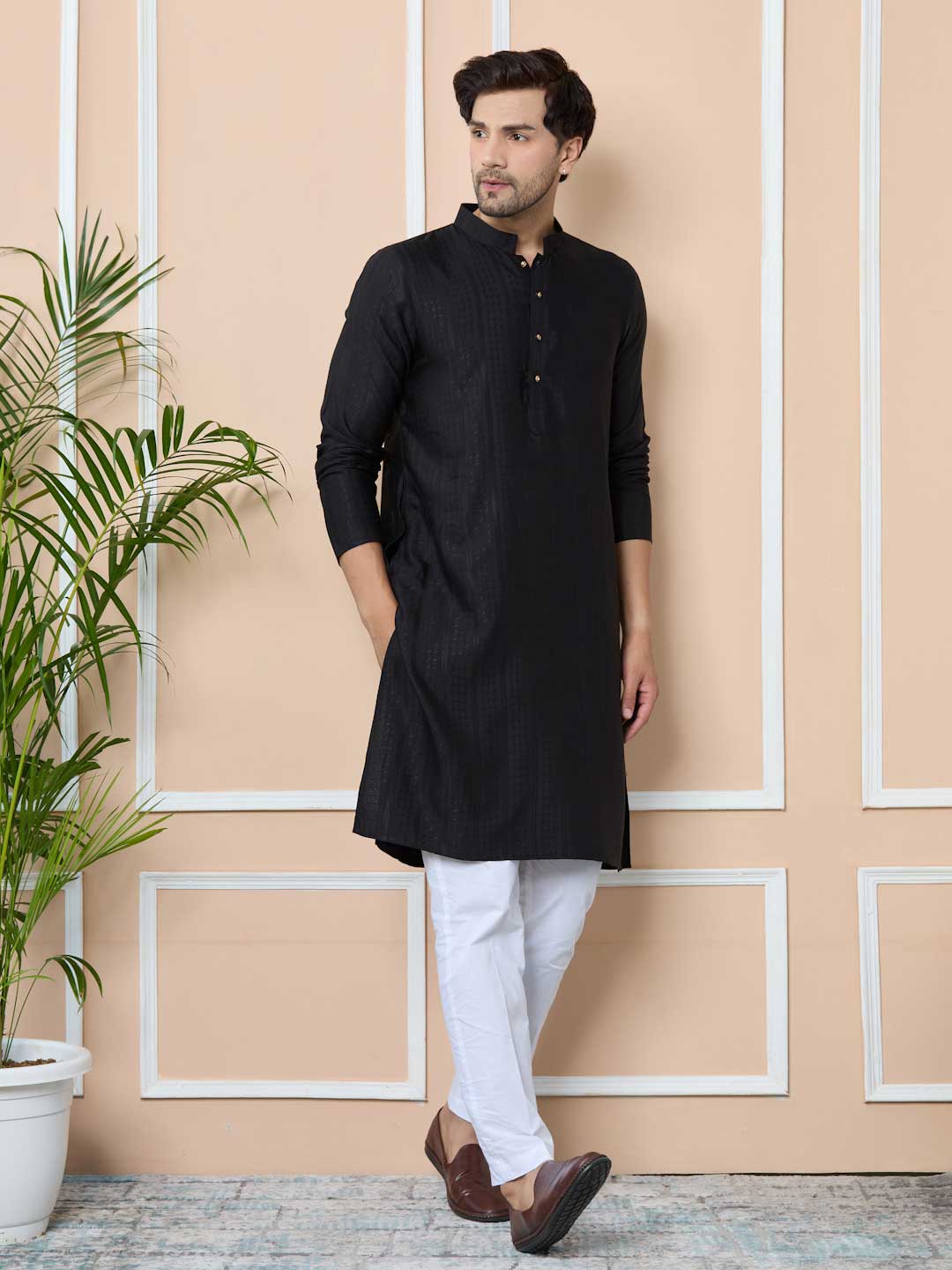 Black Jacquard Mandarin Collar Straight Kurta