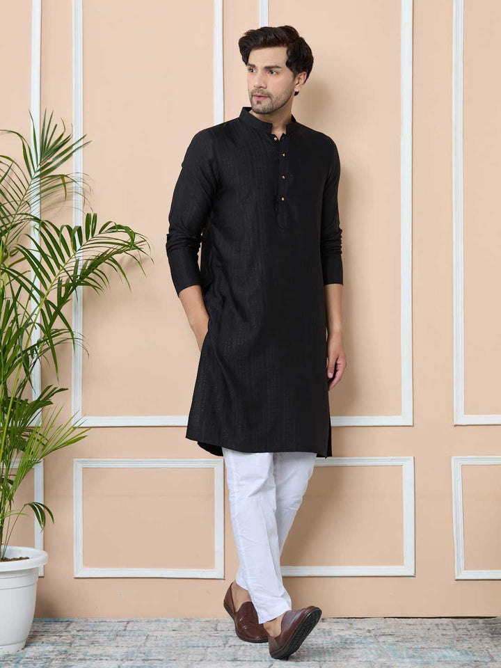 Black Jacquard Mandarin Collar Straight Kurta with Pyjama