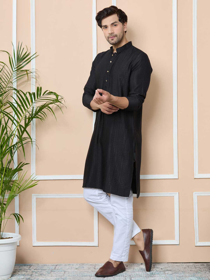 Black Jacquard Mandarin Collar Straight Kurta