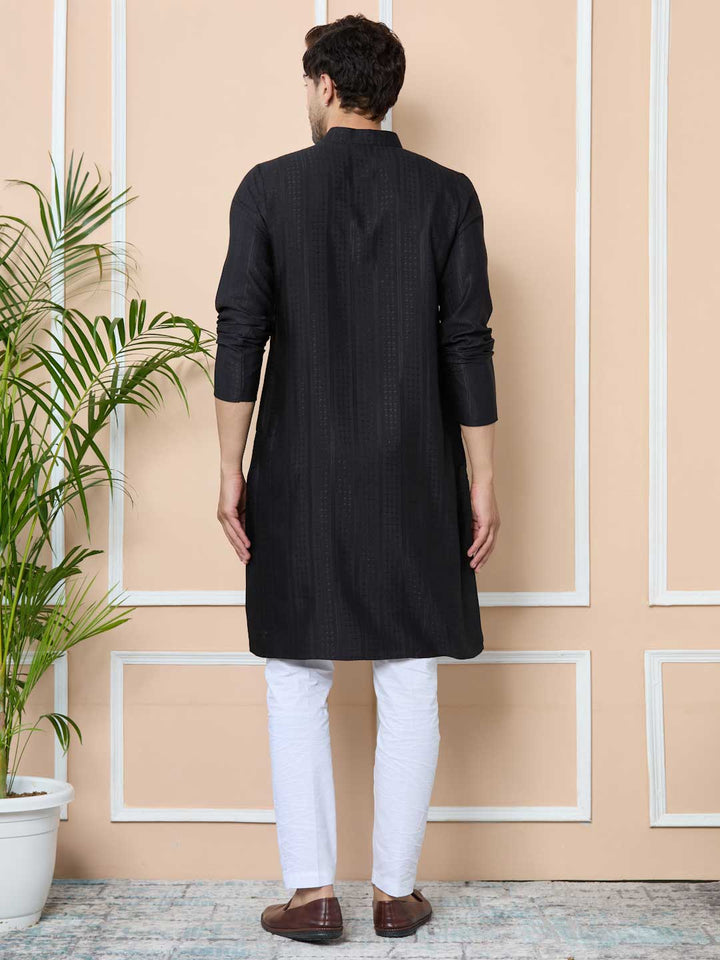 Black Jacquard Mandarin Collar Straight Kurta