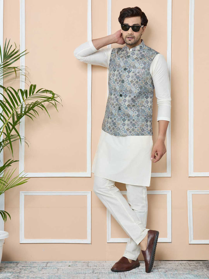 Gray Ethnic Motif Printed Nehru Jacket with Solid Kurta-Pyjama (3 Piece Set)