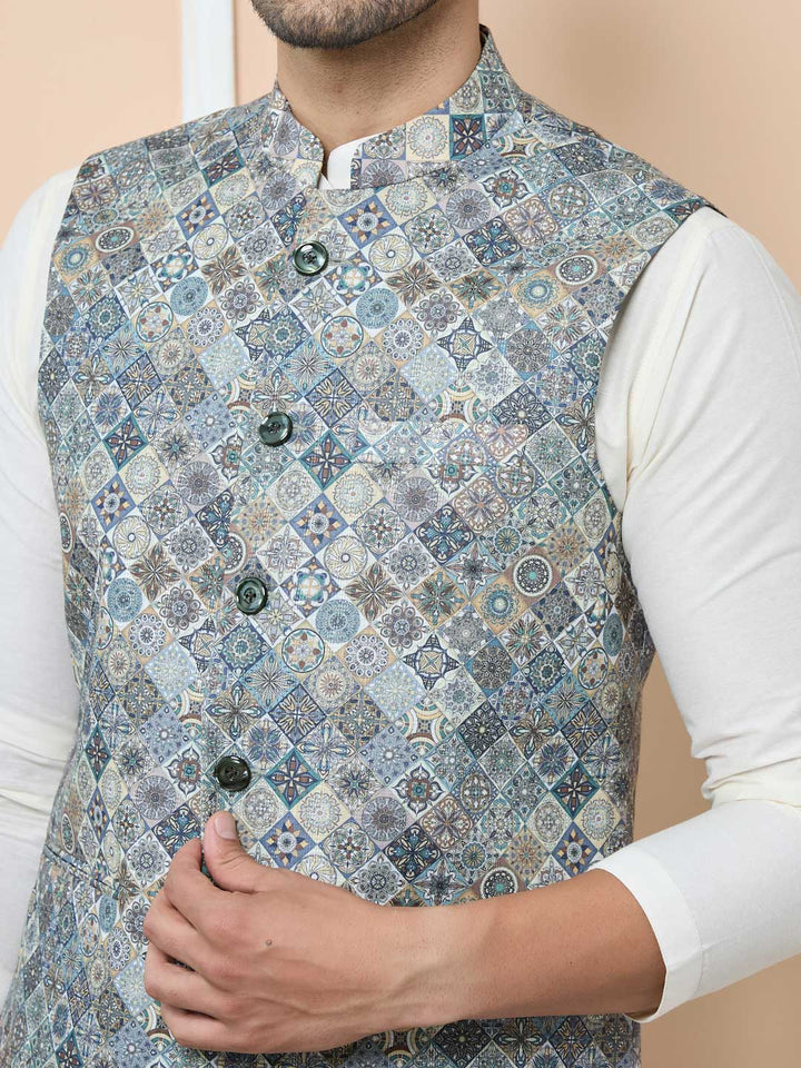 Gray Ethnic Motif Printed Nehru Jacket with Solid Kurta-Pyjama (3 Piece Set)