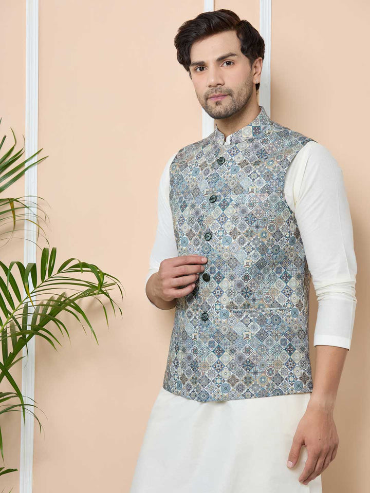 Gray Ethnic Motif Printed Nehru Jacket with Solid Kurta-Pyjama (3 Piece Set)