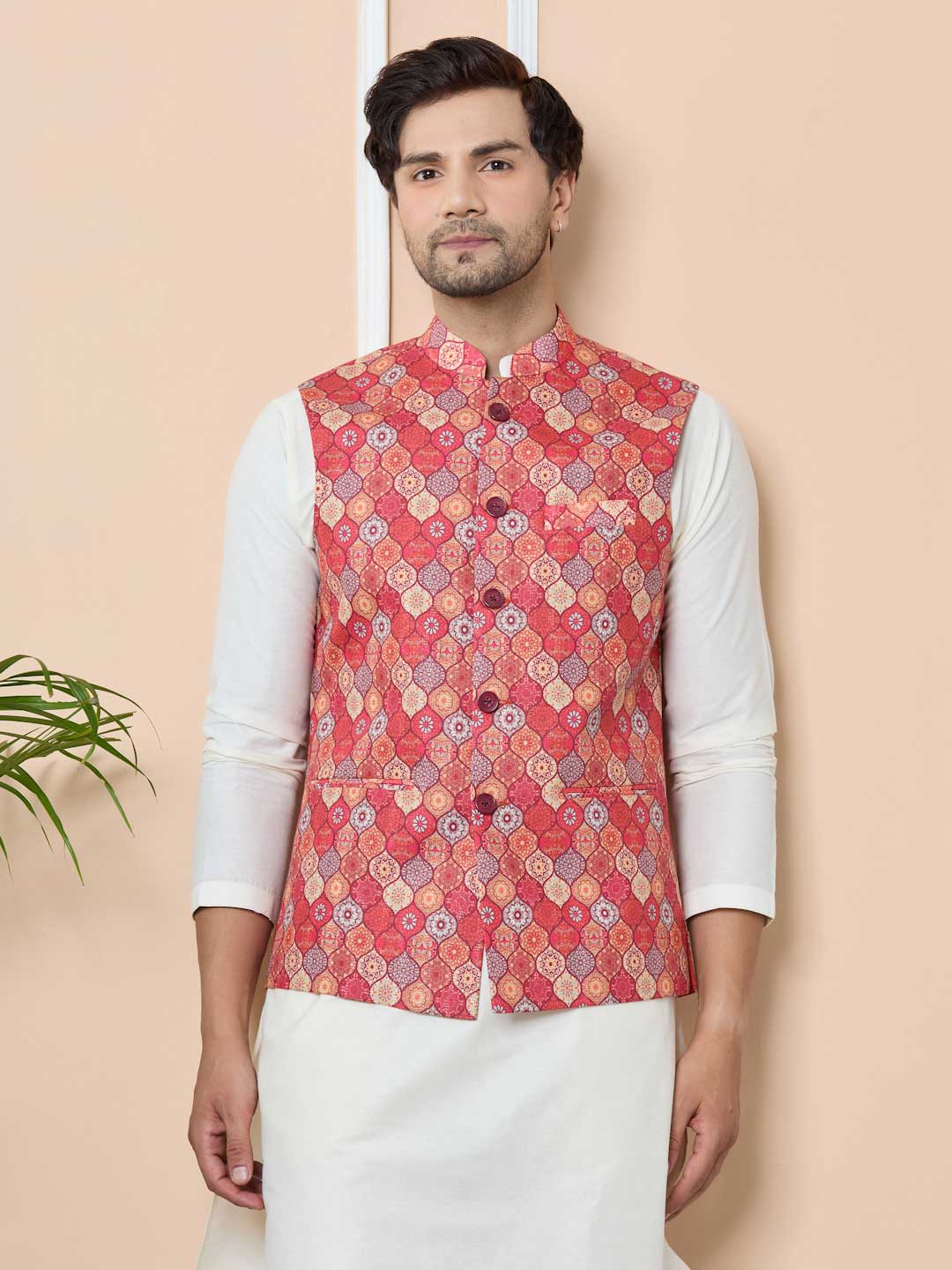 Gray Printed Slim Fit Cotton Nehru Jacket