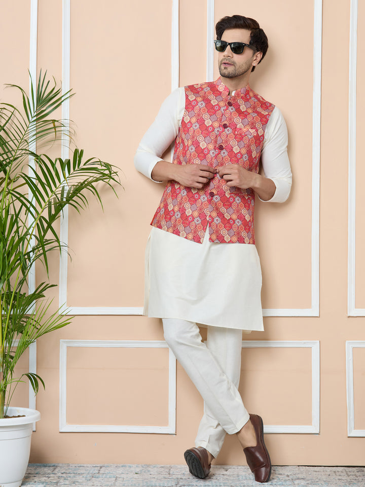 Men Orange Ethnic Motif Printed Nehru Jacket