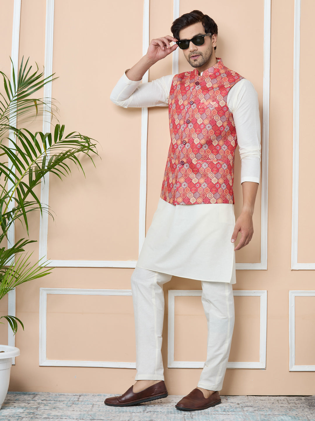 Men Orange Ethnic Motif Printed Nehru Jacket with Solid Kurta-Pyjama (3 Piece Set)