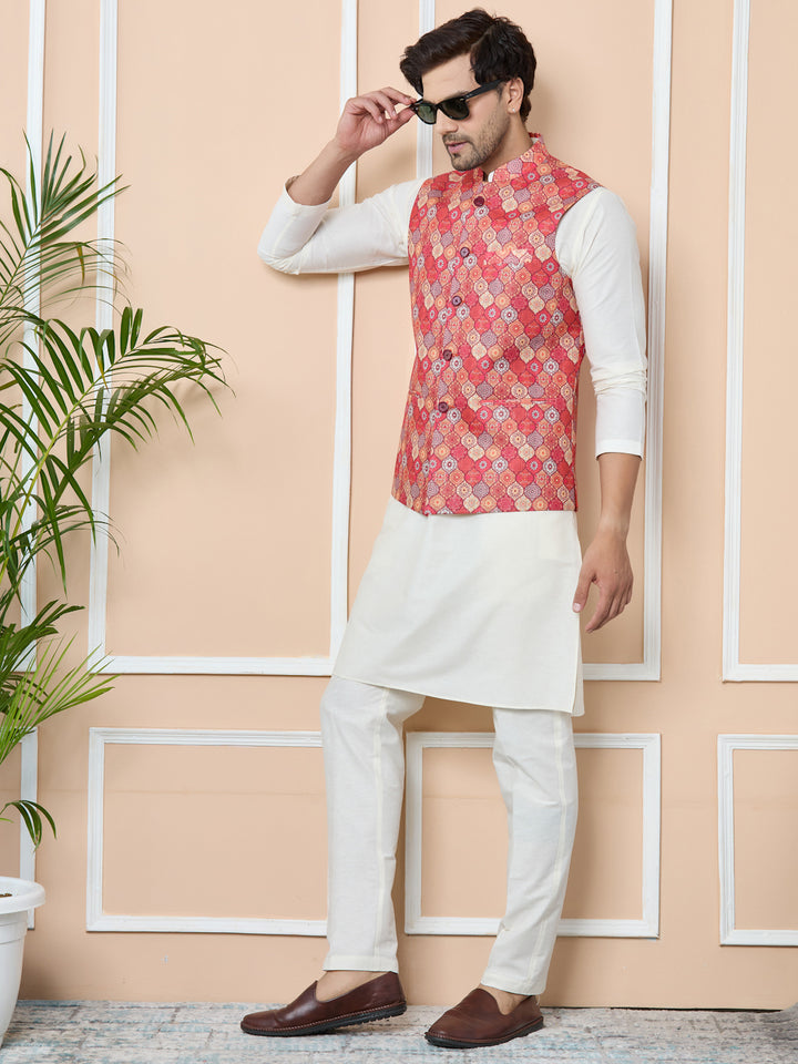 Men Orange Ethnic Motif Printed Nehru Jacket with Solid Kurta-Pyjama (3 Piece Set)