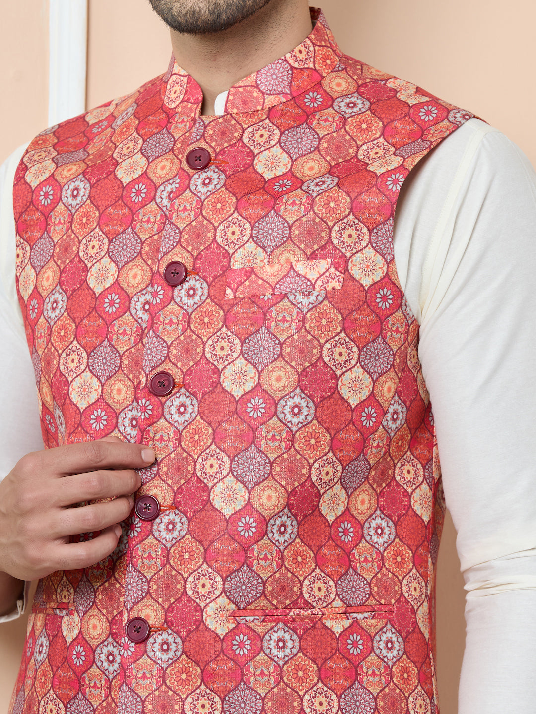 Men Orange Ethnic Motif Printed Nehru Jacket