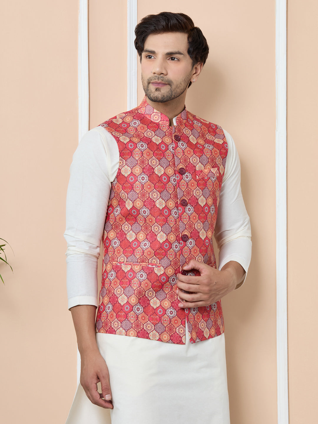 Men Orange Ethnic Motif Printed Nehru Jacket