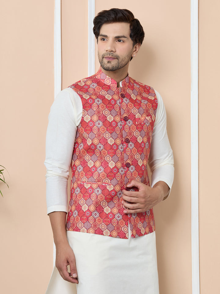 Men Orange Ethnic Motif Printed Nehru Jacket with Solid Kurta-Pyjama (3 Piece Set)