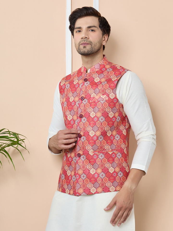 Men Orange Ethnic Motif Printed Nehru Jacket