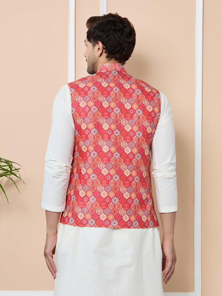 Men Orange Ethnic Motif Printed Nehru Jacket