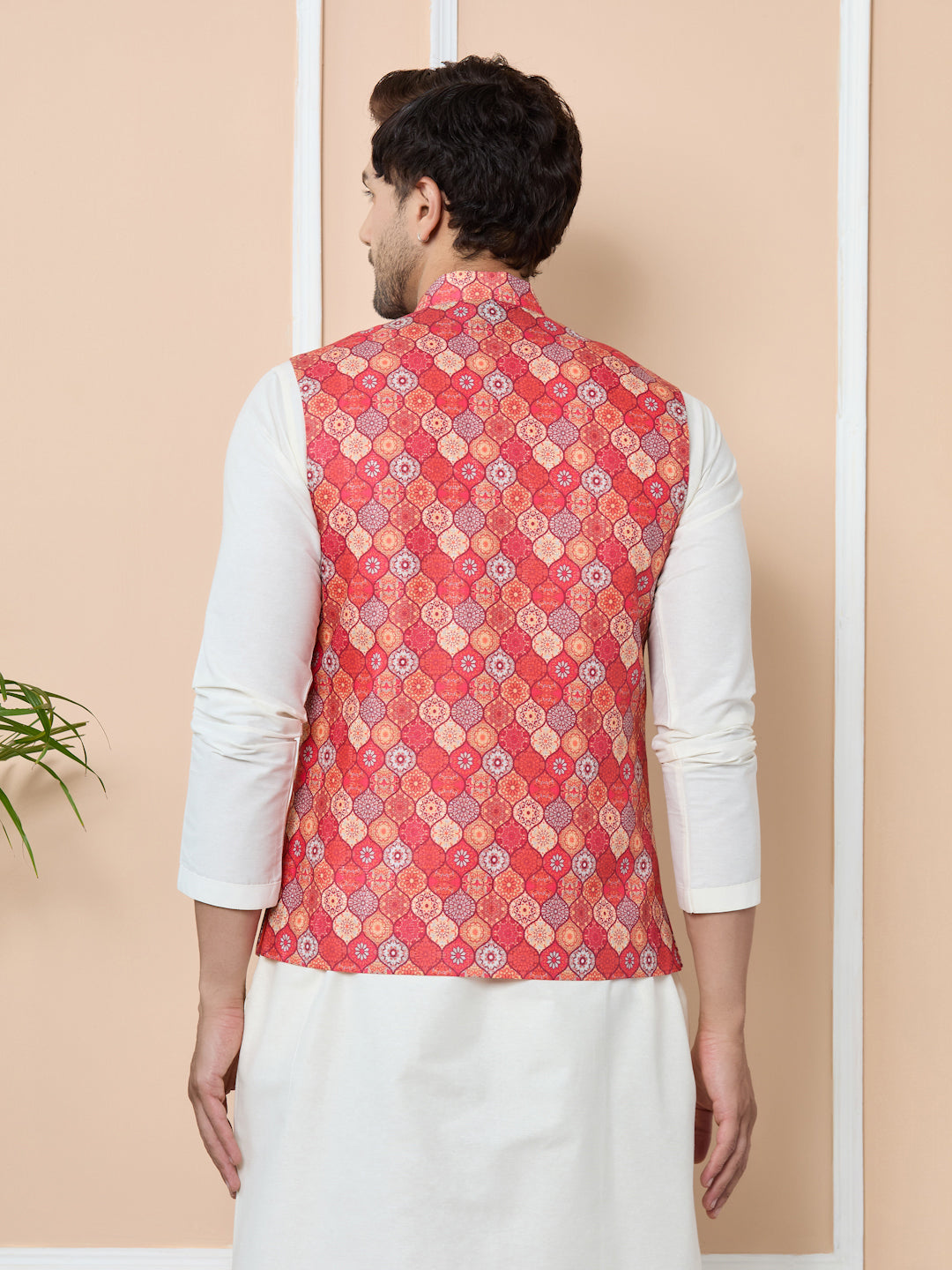 Men Orange Ethnic Motif Printed Nehru Jacket with Solid Kurta-Pyjama (3 Piece Set)