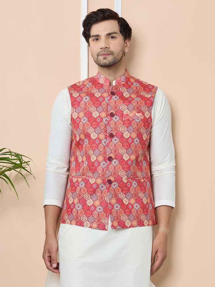 Men Orange Ethnic Motif Printed Nehru Jacket