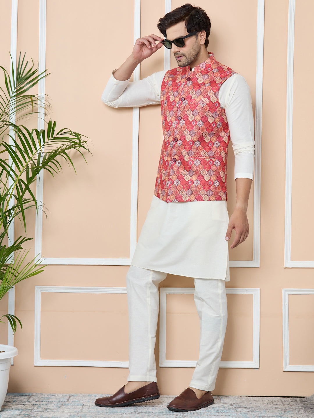 Men Orange Ethnic Motif Printed Nehru Jacket