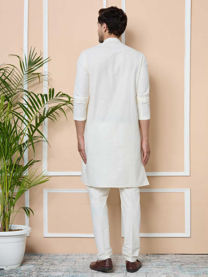 Beige Woven Jacquard Nehru Jacket with Solid Kurta-Pyjama (3 Piece Set)