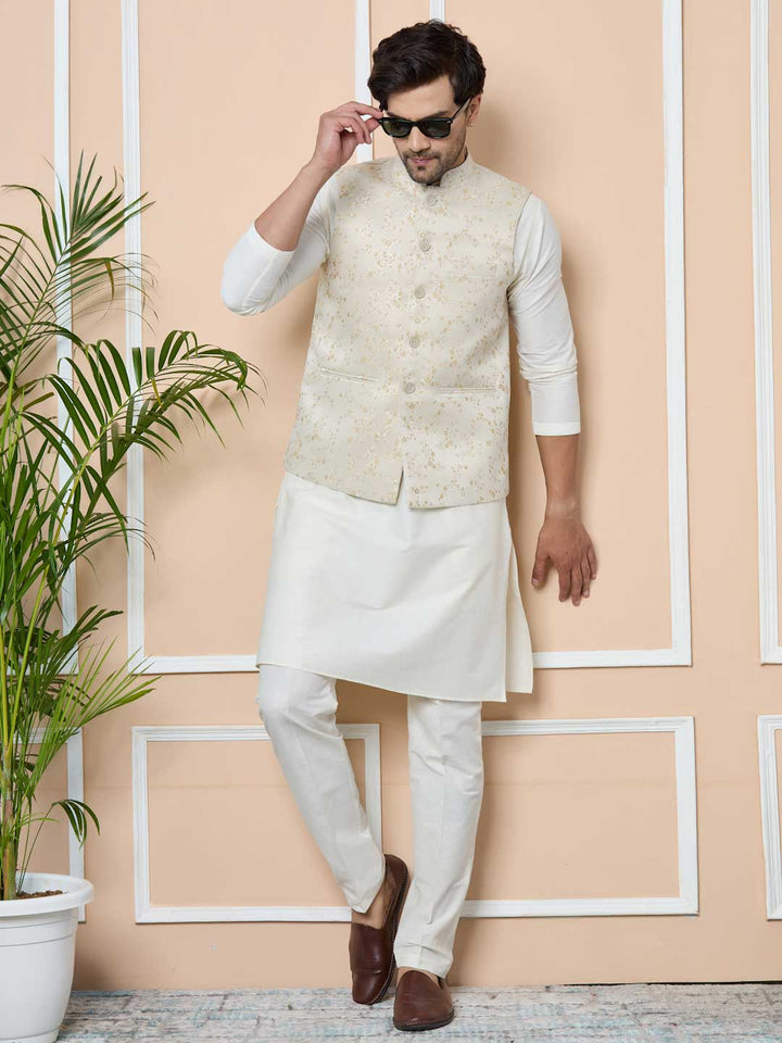 Beige Woven Jacquard Nehru Jacket