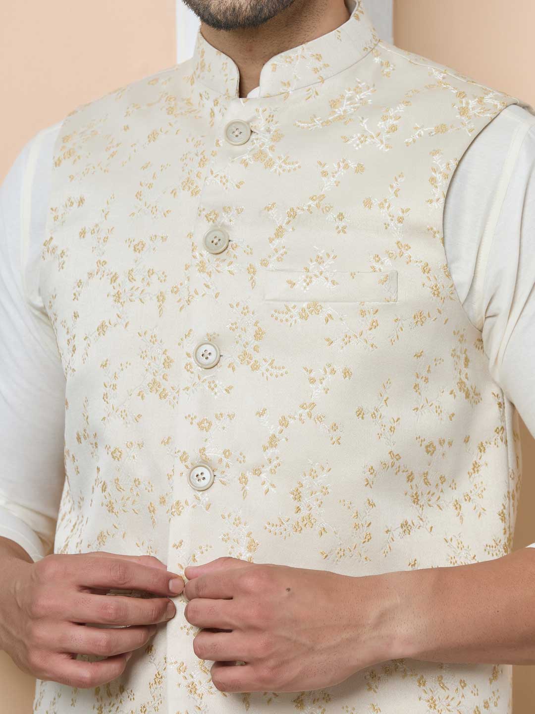 Beige Woven Jacquard Nehru Jacket