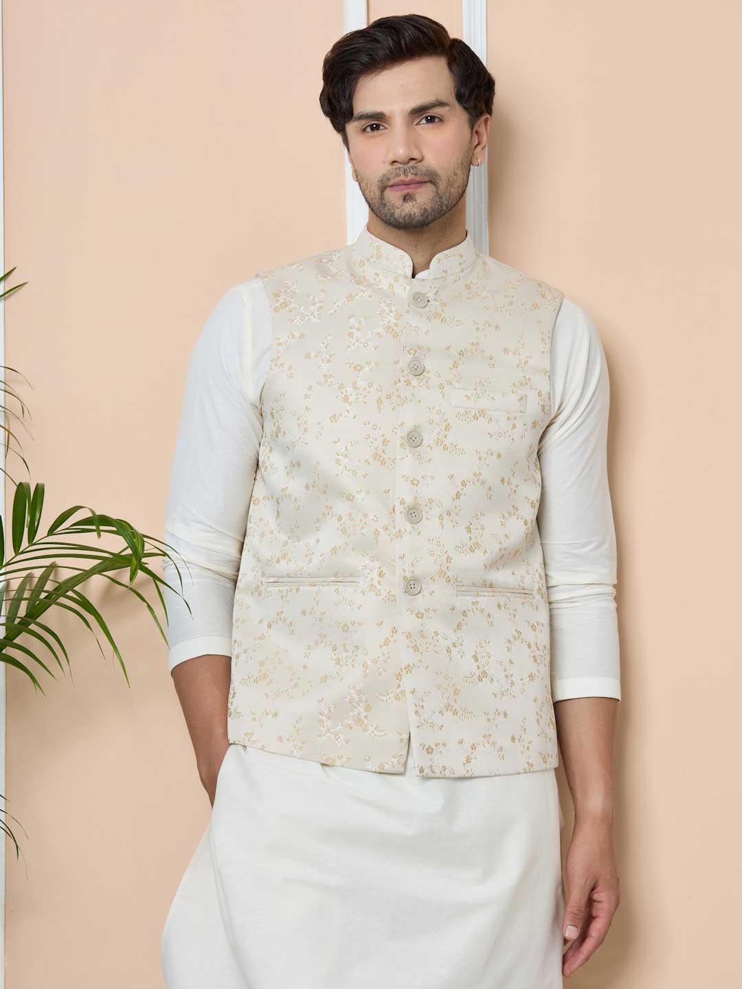 Beige Woven Jacquard Nehru Jacket