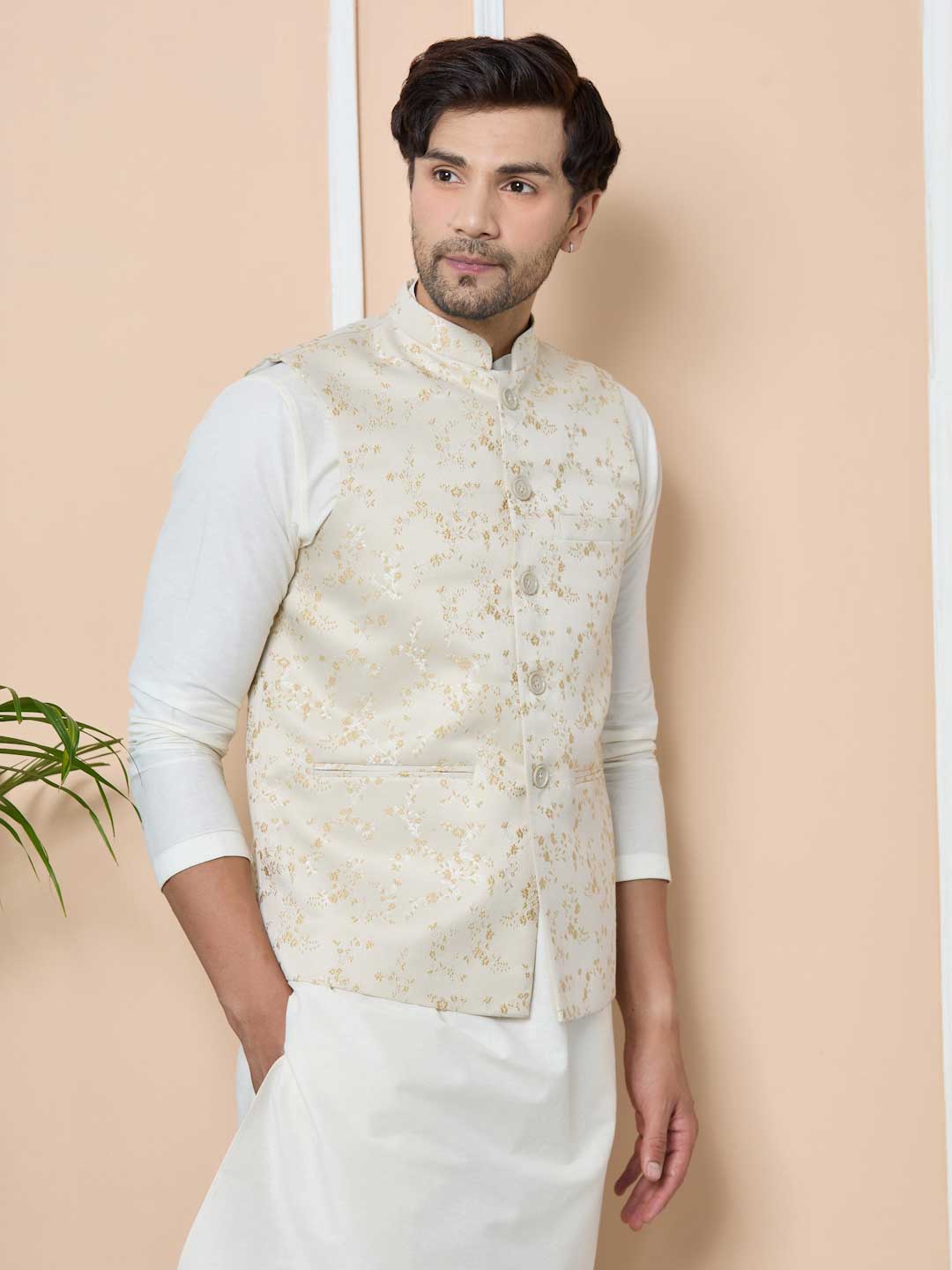 Beige Woven Jacquard Nehru Jacket