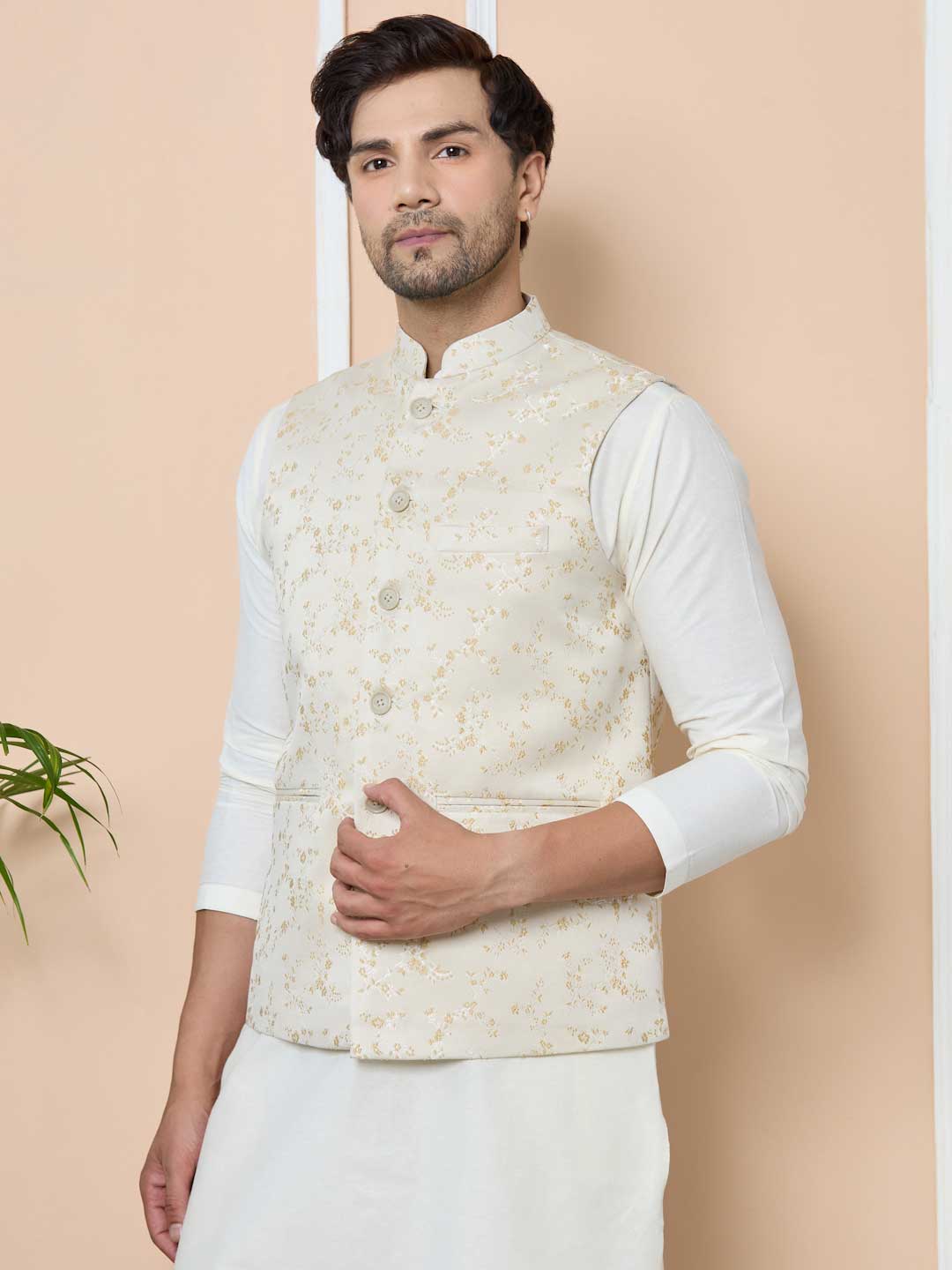 Beige Woven Jacquard Nehru Jacket