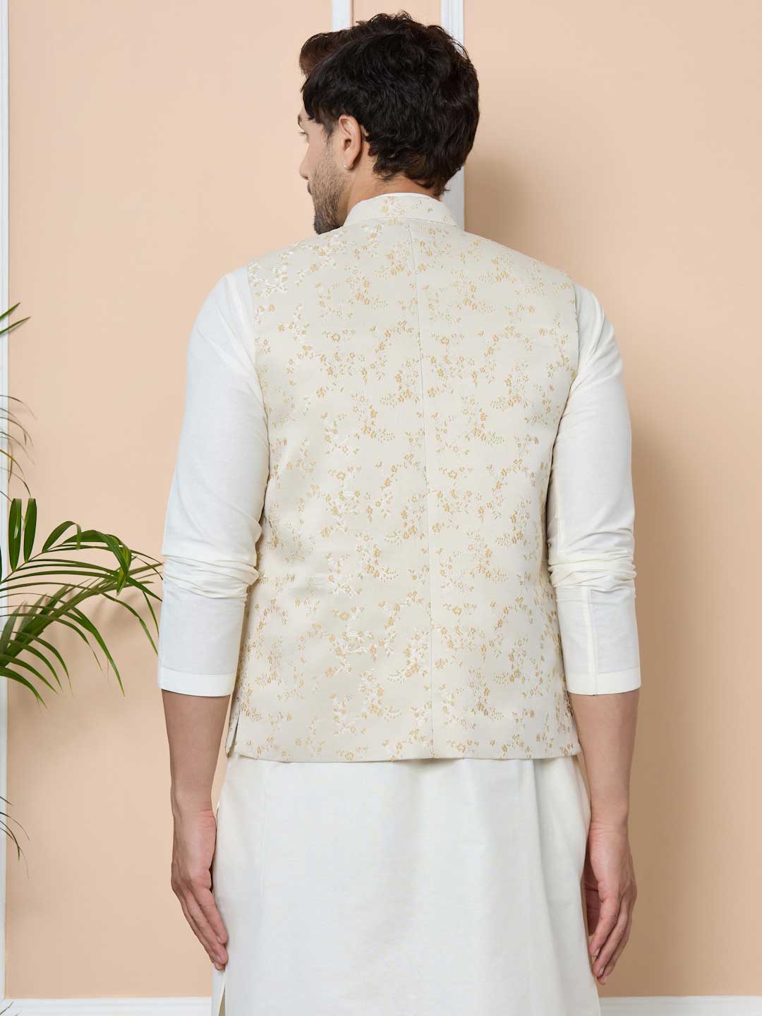 Beige Woven Jacquard Nehru Jacket