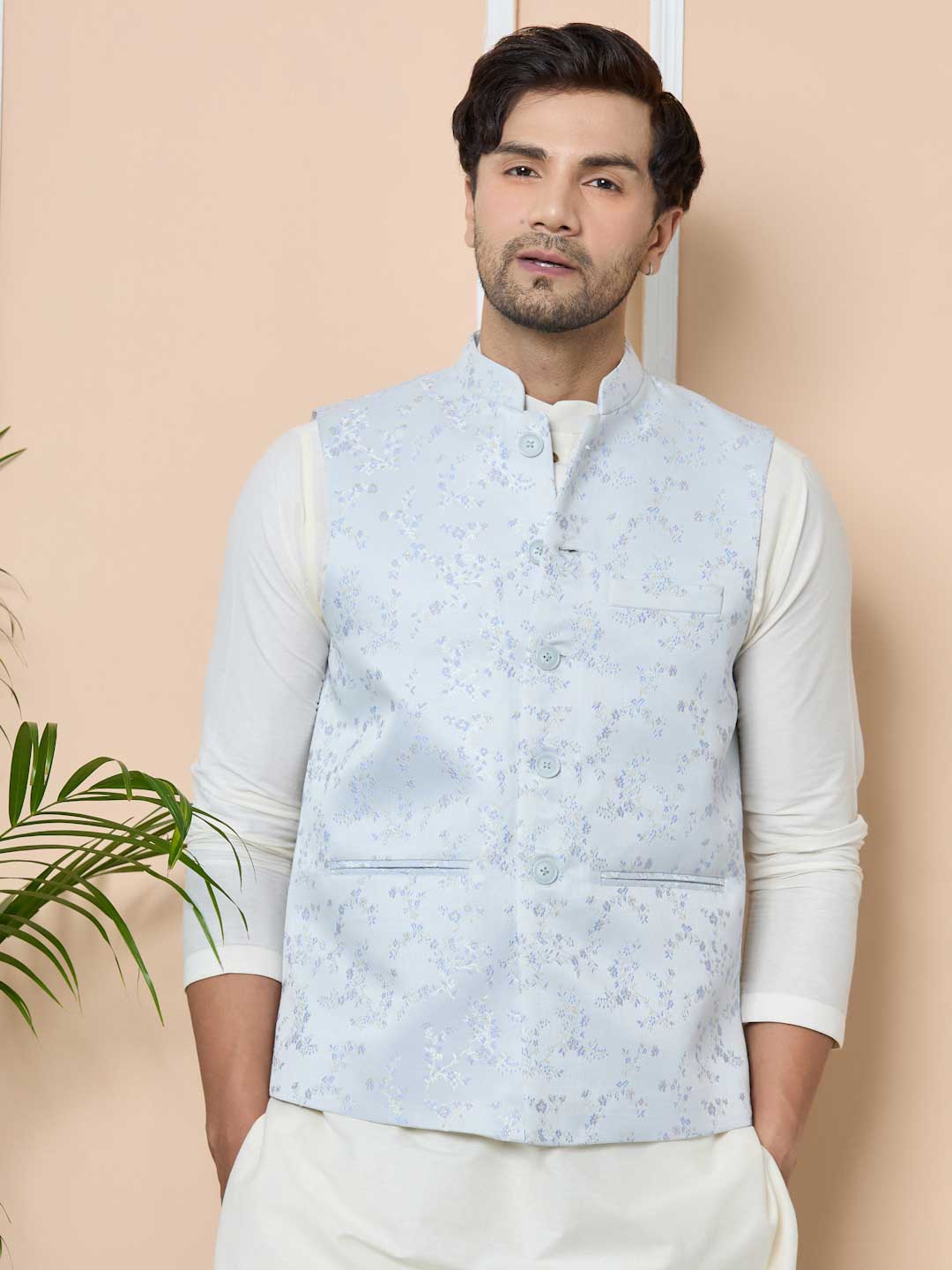 Blue Woven Jacquard Nehru Jacket set3