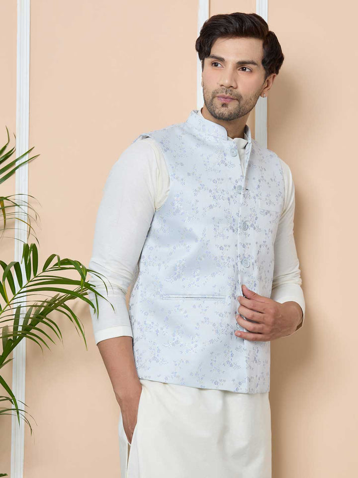 Blue Woven Jacquard Nehru Jacket set4