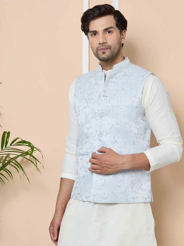 Blue Woven Jacquard Nehru Jacket set5