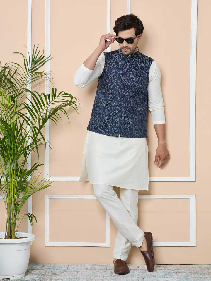 Navy Woven Jacquard Nehru Jacket