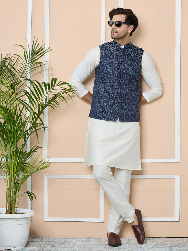 Navy Woven Jacquard Nehru Jacket with Solid Kurta-Pyjama (3 Piece Set)