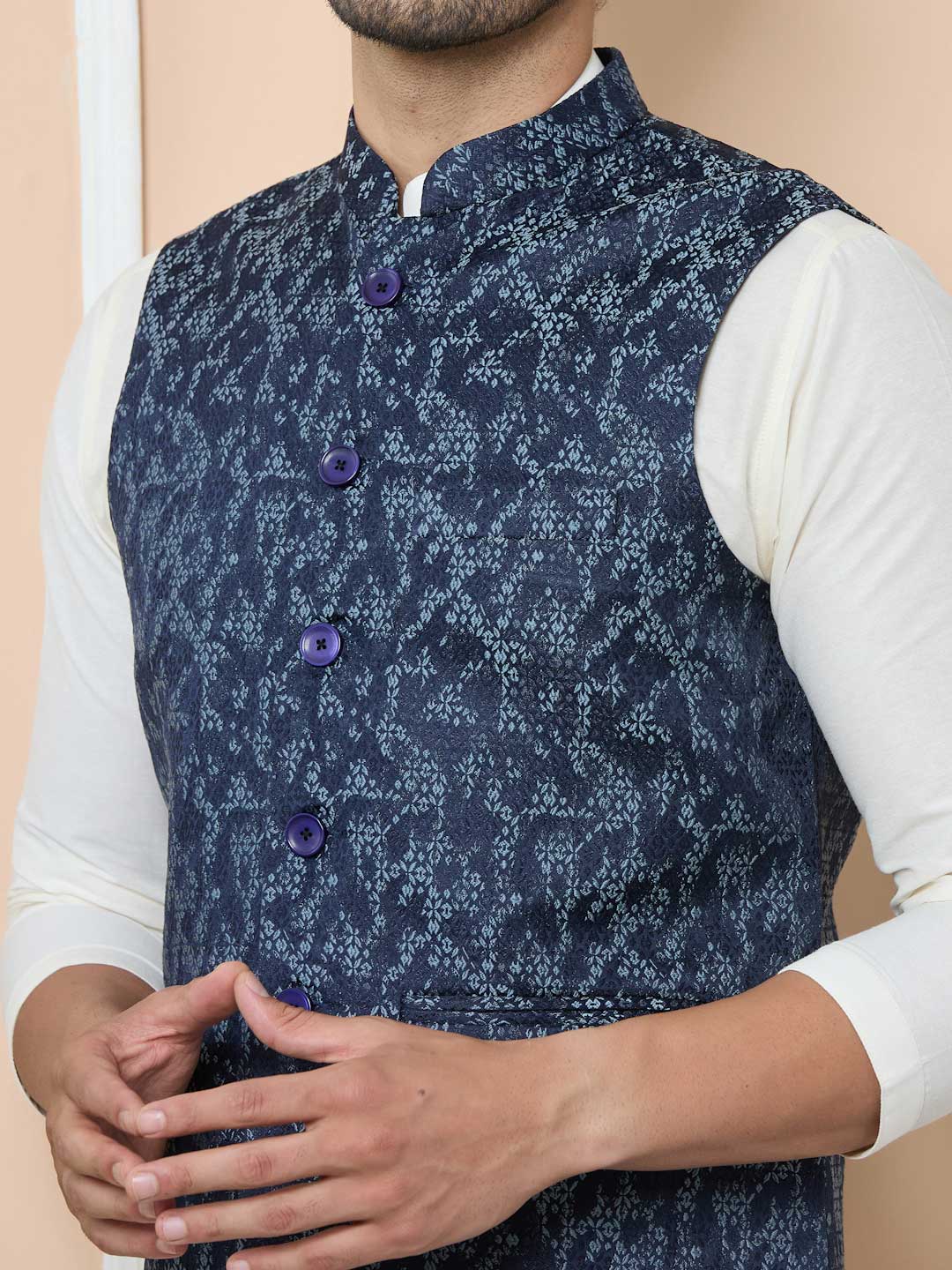 Navy Woven Jacquard Nehru Jacket