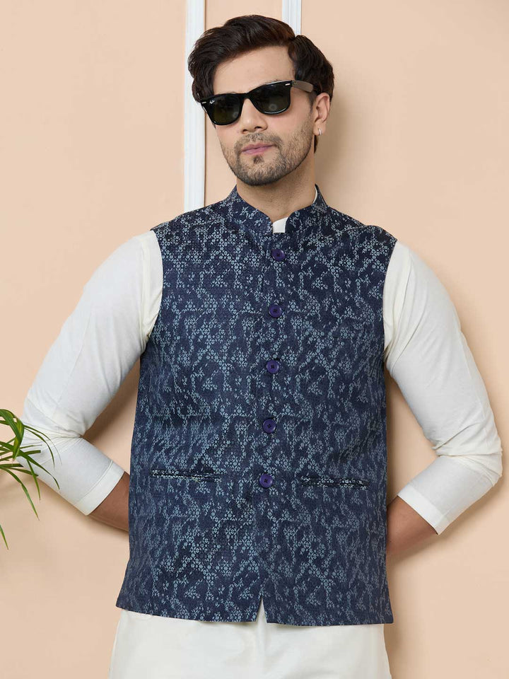 Navy Woven Jacquard Nehru Jacket