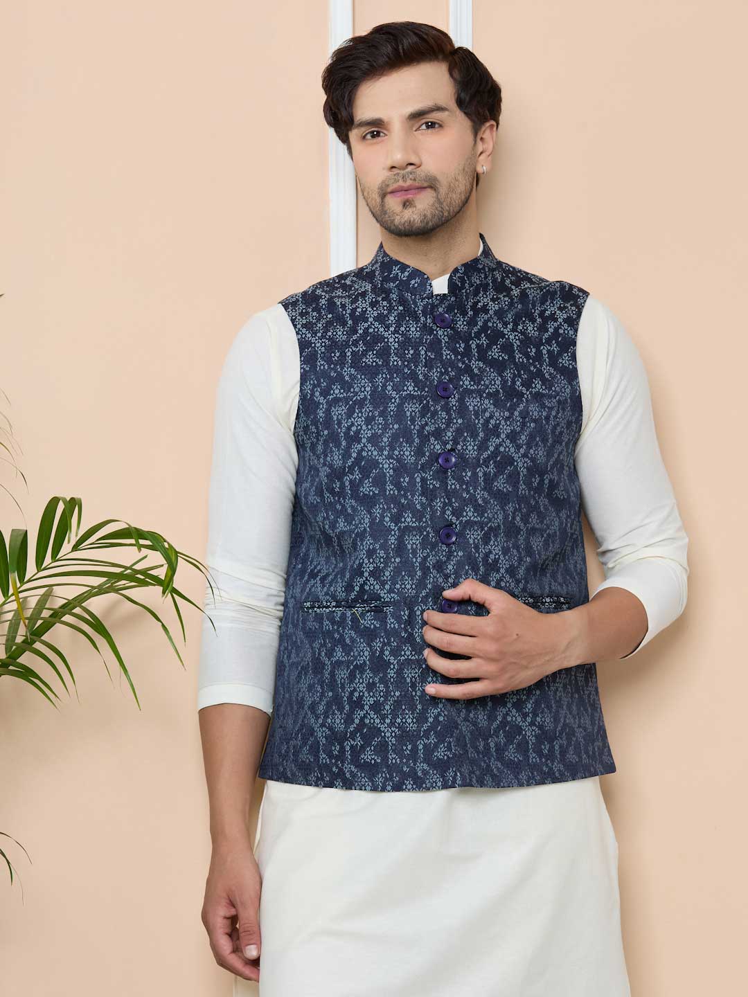 Navy Woven Jacquard Nehru Jacket