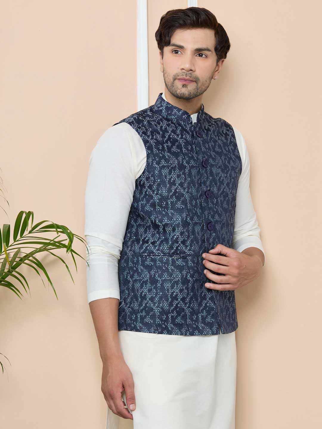 Navy Woven Jacquard Nehru Jacket