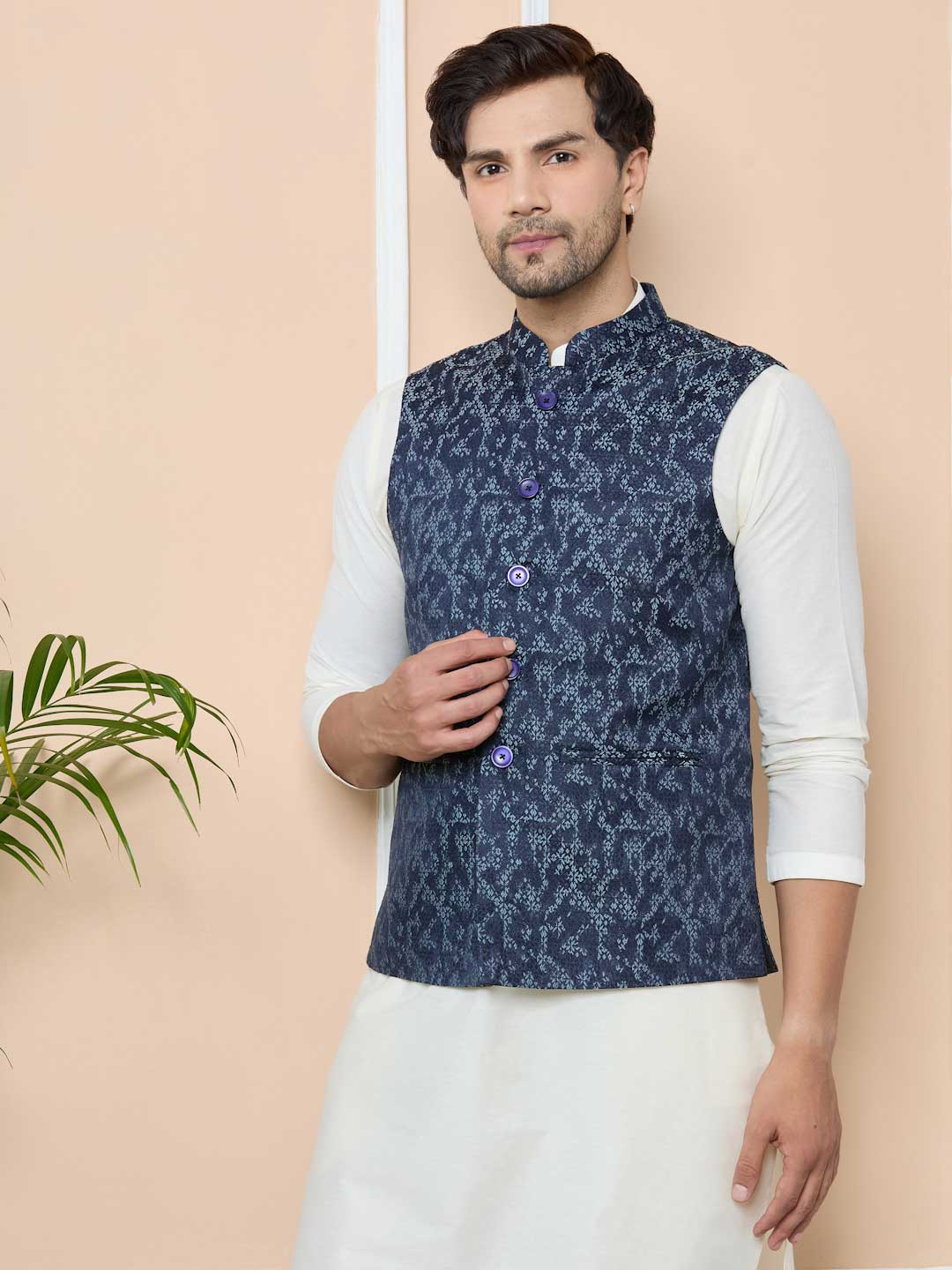 Navy Woven Jacquard Nehru Jacket