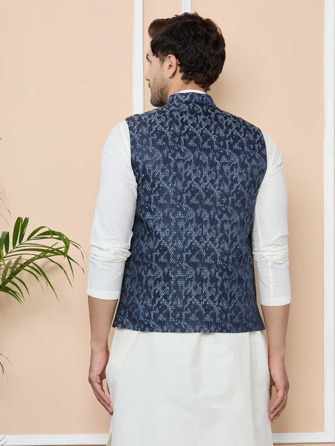 Navy Woven Jacquard Nehru Jacket